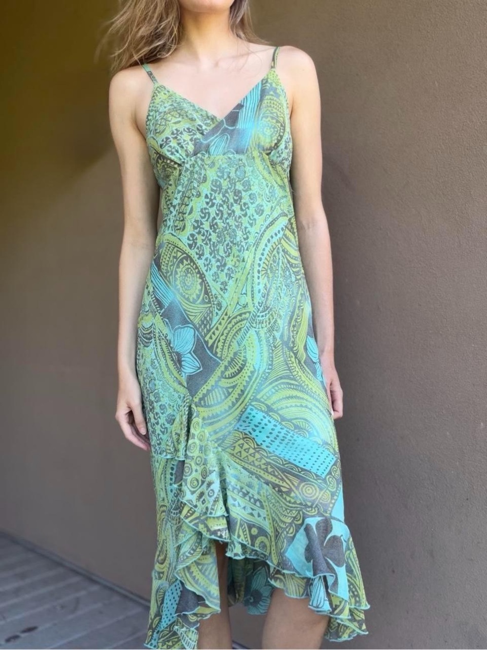 Y2K boho paisley print ruffle maxi dress